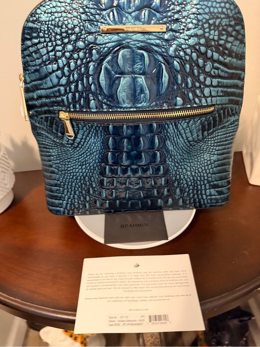 Brahmin Verdigris Teal Croc-Embossed Leather Felicity backpack